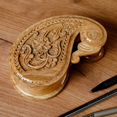 Hand-Carved Paisley-Shaped Floral Walnut Wood Puzzle Box 'Portal to the Paisley Garden'