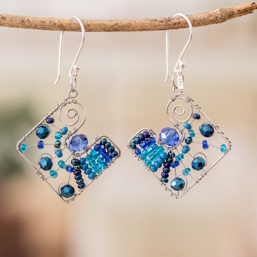 Geometric Blue Crystal and Glass Beaded Dangle Earrings 'Harmonious Blue Constellation'