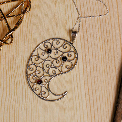 Paisley-Shaped Natural Garnet Filigree Pendant Necklace 'Paisley of Passion'