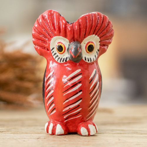 Small Ceramic Owl Figurine in Red Hand-Painted in Guatemala 'Vibrant Tecolote'