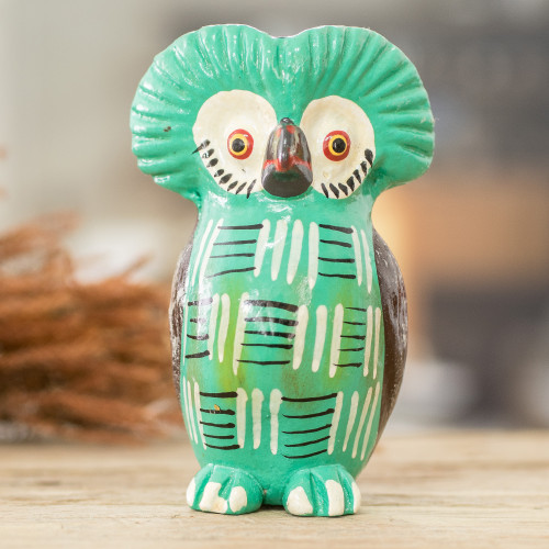 Guatemalan Hand-Painted Green Ceramic Owl Figurine 'Lovely Tecolote'
