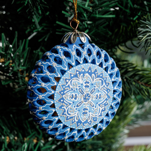 Blue Glazed Ceramic Floral Ornament Made  Painted by Hand 'Blue Folklore'