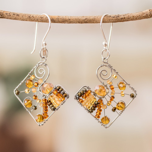 Warm-Toned Crystal and Glass Beaded Dangle Earrings 'Harmonious Sunny Constellation'