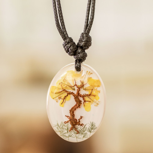Natural Flower and Leaf Pendant Necklace with Copper Accents 'Divine Blooming'