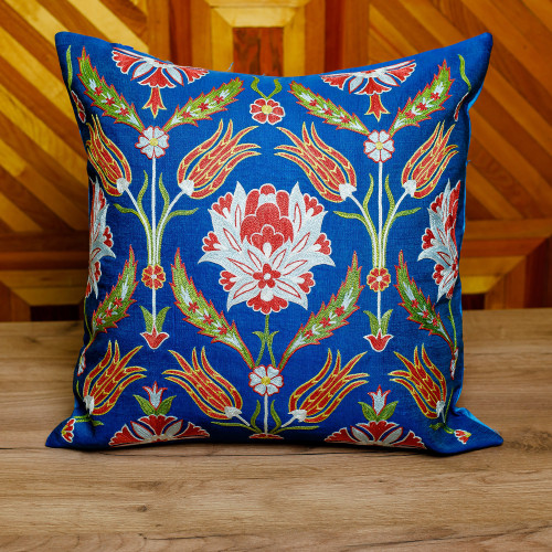 Classic Floral Embroidered Blue Silk Blend Cushion Cover 'Imperial Spring'