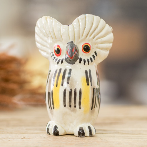 Ceramic Owl Figurine in White Hand-Painted in Guatemala 'Charming Tecolote'