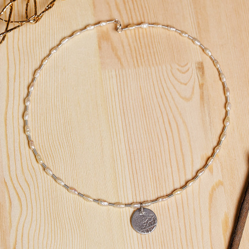 Bukhara Emirate Coin and Biwa Pearl Choker Pendant Necklace 'Loyalty from the Road'