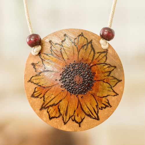 Hand-Painted Calabash Gourd Sunflower Pendant Necklace 'Sunflower Spirit'