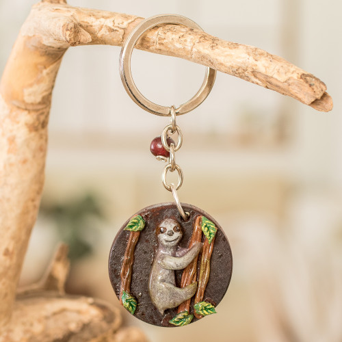 Handmade Painted Pinewood and Cold Porcelain Sloth Keychain 'The Little Sloth'