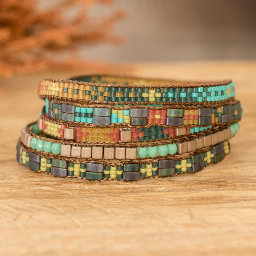 Handmade Green and Turquoise Glass Beaded Wrap Bracelet 'Turquoise Lagoon'