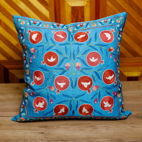 Pomegranate and Leaf-Themed Blue Silk Cushion Cover 'Prosperity in Eden'