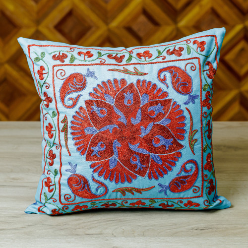 Blue and Red Floral Embroidered Cotton Cushion Cover 'Palace Dance'