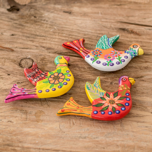 Set of 3 Hand-Painted Colorful Dove Ceramic Magnets 'Joyful Doves'