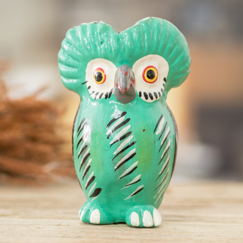 Green Ceramic Owl Figurine Handmade and Painted in Guatemala 'Adorable Tecolote'