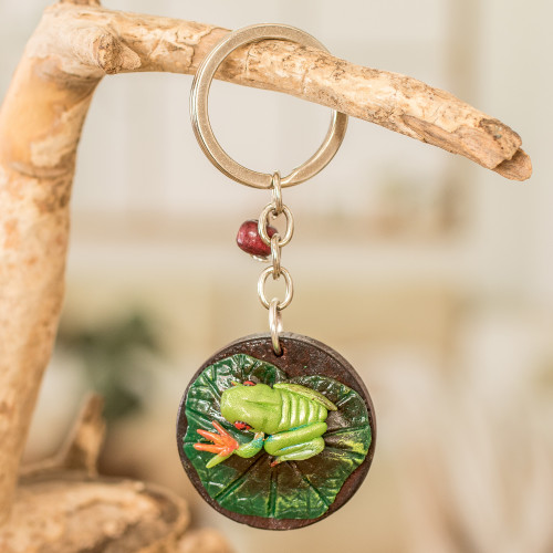 Handmade Painted Pinewood and Cold Porcelain Frog Keychain 'The Little Frog'