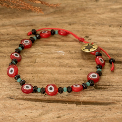 Crystal and Nazar Glass Beaded Bracelet in Red Hues 'Red Protection'