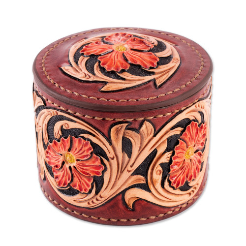 Embossed Leather Decorative Box Hand-Painted Floral Motifs 'Floral Vibrancy'