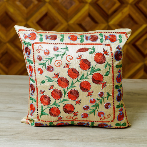 Ivory and Red Pomegranate Embroidered Silk Cushion Cover 'Passion Portrait'