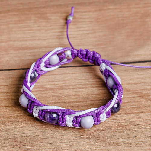 Purple and White Nylon Macrame Bracelet with Amethyst Gems 'Purple Calls'