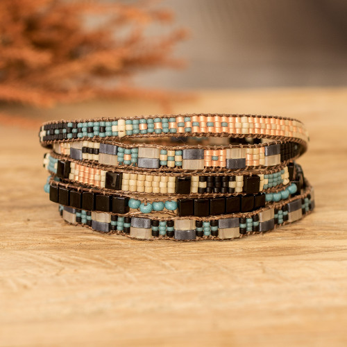 Handmade Black and Turquoise Glass Beaded Wrap Bracelet 'Nocturnal Reflection'