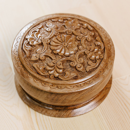 Handcrafted Round Walnut Wood Jewelry Box with Floral Motifs 'Eden's Vision'