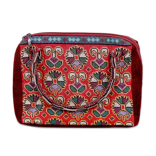 Floral Geometric Iroki Embroidered Red Cotton Handbag 'Red Gardens of Shahrisabz'