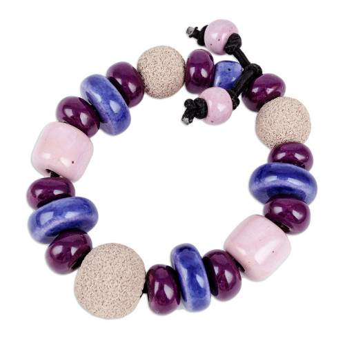 Purple and Burgundy Ceramic Beaded Stretch Bracelet 'Purple Moments'