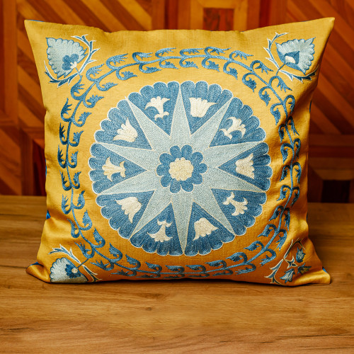 Star and Leafy-Themed Blue and Yellow Cushion Cover 'Heaven's Shine'