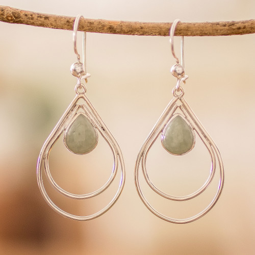 Modern Sterling Silver Apple Green Jade Dangle Earrings 'Drop Duo'