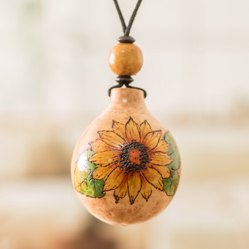 Sunflower Handcrafted Calabash Gourd Pendant Necklace 'Sunflower Scenes'