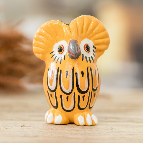 Guatemalan Hand-Painted Small Ceramic Owl Figurine in Yellow 'Exquisite Tecolote'