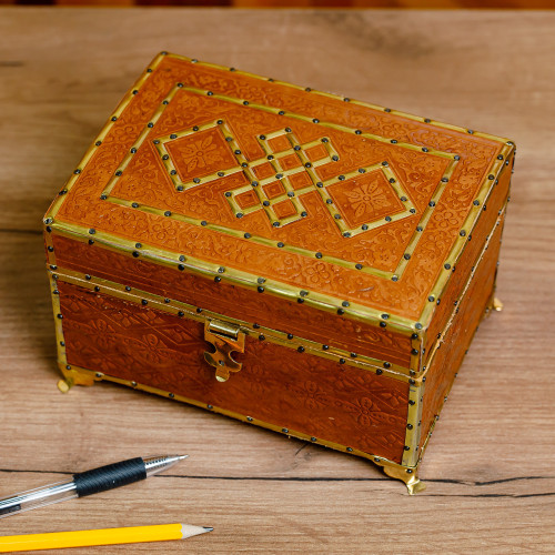 Wood Embossed Leather  Tin Jewelry Box with Brass Fixtures 'Floral Geometry'