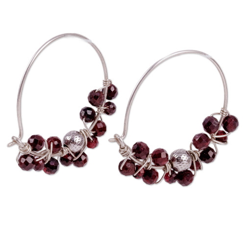 Sterling Silver and Natural Garnet Beaded Hoop Earrings 'Passionate Bubbles'