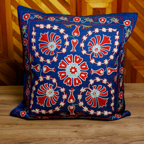 Classic Blue and Red Silk and Cotton Blend Cushion Cover 'Regal Illusion'