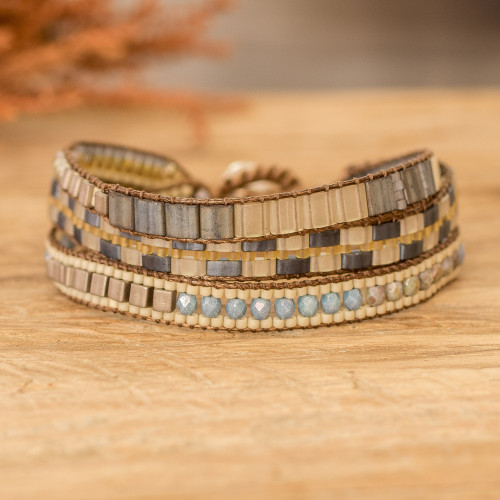 Handmade Blue and Golden Glass Beaded Wristband Bracelet 'Serene Coast'