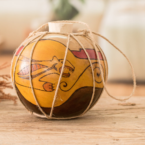 Painted Traditional Jaguar-Themed Calabash Gourd Ornament 'Tropical Jaguar'