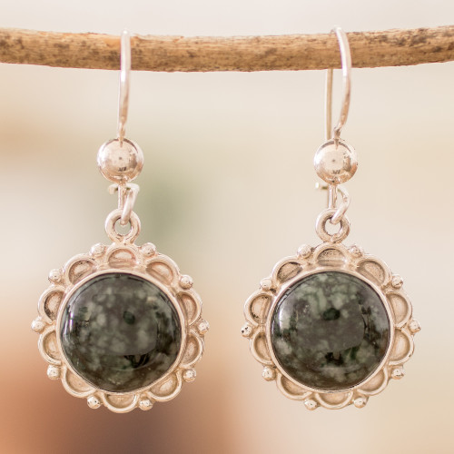 Sterling Silver Dangle Earrings with Dark Green Jade Stones 'Wild Flower'