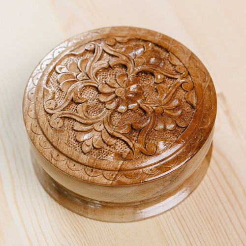 Traditional Hand-Carved Floral Round Walnut Wood Jewelry Box 'In Paradise'