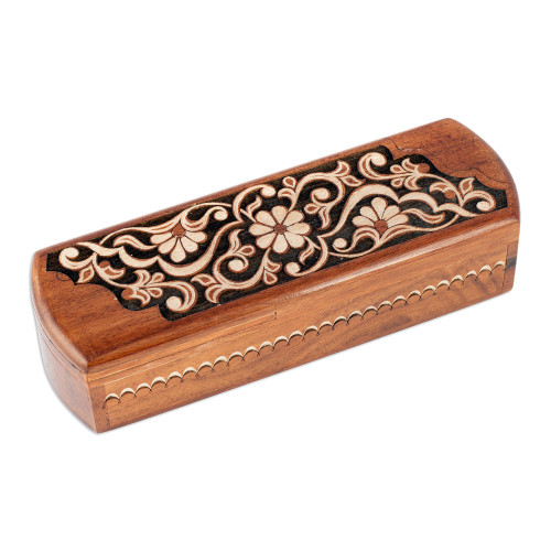 Walnut Wood Puzzle Box with Traditional Garden Carving 'Spring Challenge'