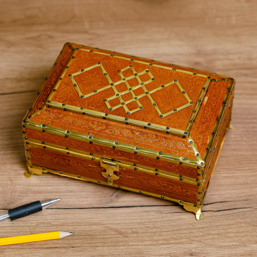 Handcrafted Wood Embossed Leather Tin  Brass Jewelry Box 'Floral Rhombuses'