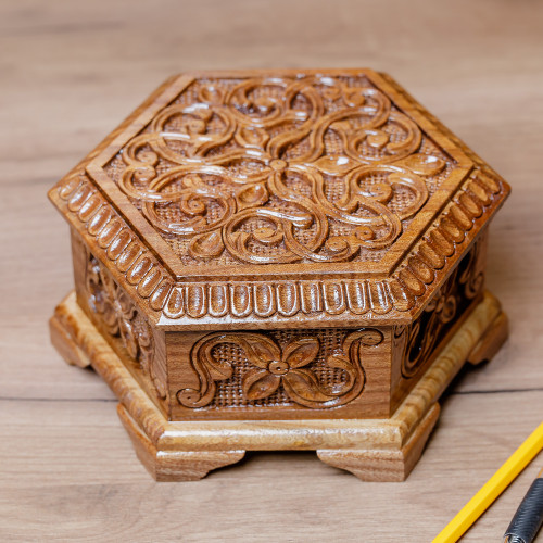Hand-Carved Hexagonal Wood Floral and Leaf Jewelry Box 'Opulent Hexagon'