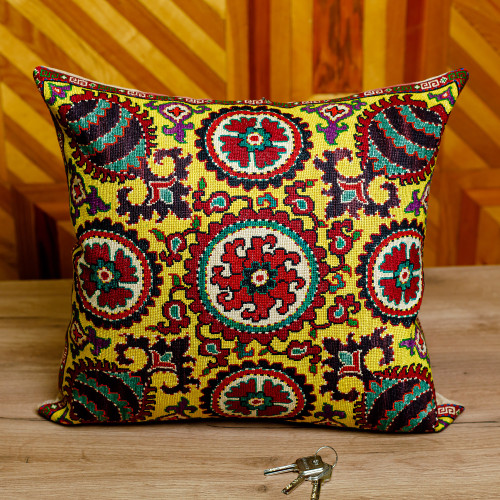 Iroqi Embroidered Floral Silk Cushion Cover in Yellow 'Yellow Palace'