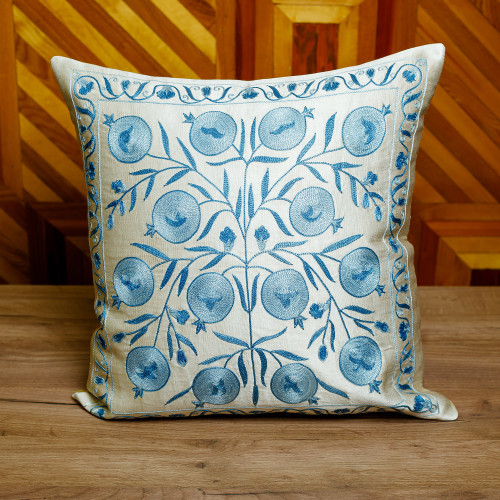 Pomegranate and Leaf-Themed Beige and Blue Cushion Cover 'Prosperity in Heaven'