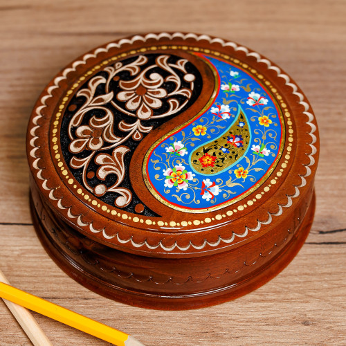 Paisley and Floral-Themed Walnut Wood Jewelry Box in Blue 'Elysium Treasure in Blue'