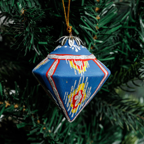 Hand-Painted Traditional Geometric Blue Ceramic Ornament 'Nation's Diamond'