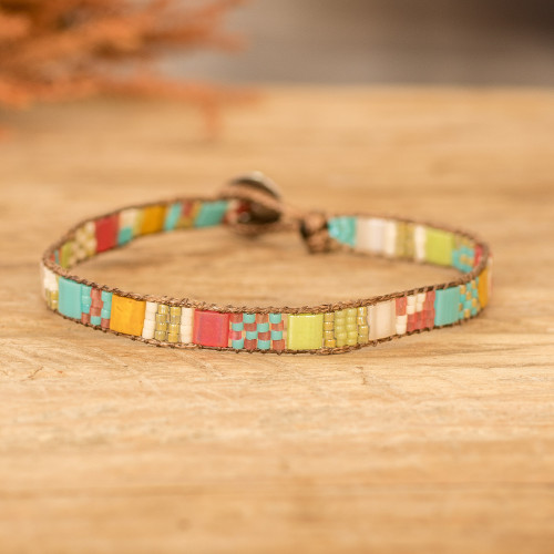 Bohemian Multicolor Glass Beaded Wristband Bracelet 'Turquoise Sunrise'