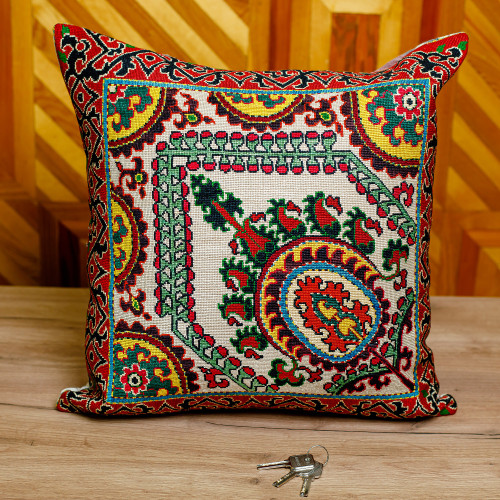 Iroqi Embroidered Silk Cushion Cover in Red and Beige 'Palace's Grandeur'