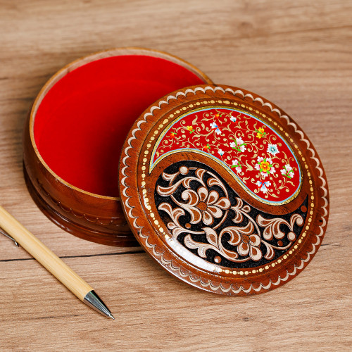 Paisley and Floral-Themed Walnut Wood Jewelry Box in Red 'Elysium Treasure in Red'