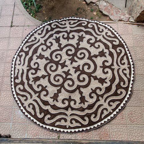 Brown and Beige Round Shyrdak Wool Rug 8 Feet Diameter 'Empire Heart'