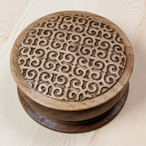 Traditional Hand-Carved Patterned Walnut Wood Jewelry Box 'Palace Homage'